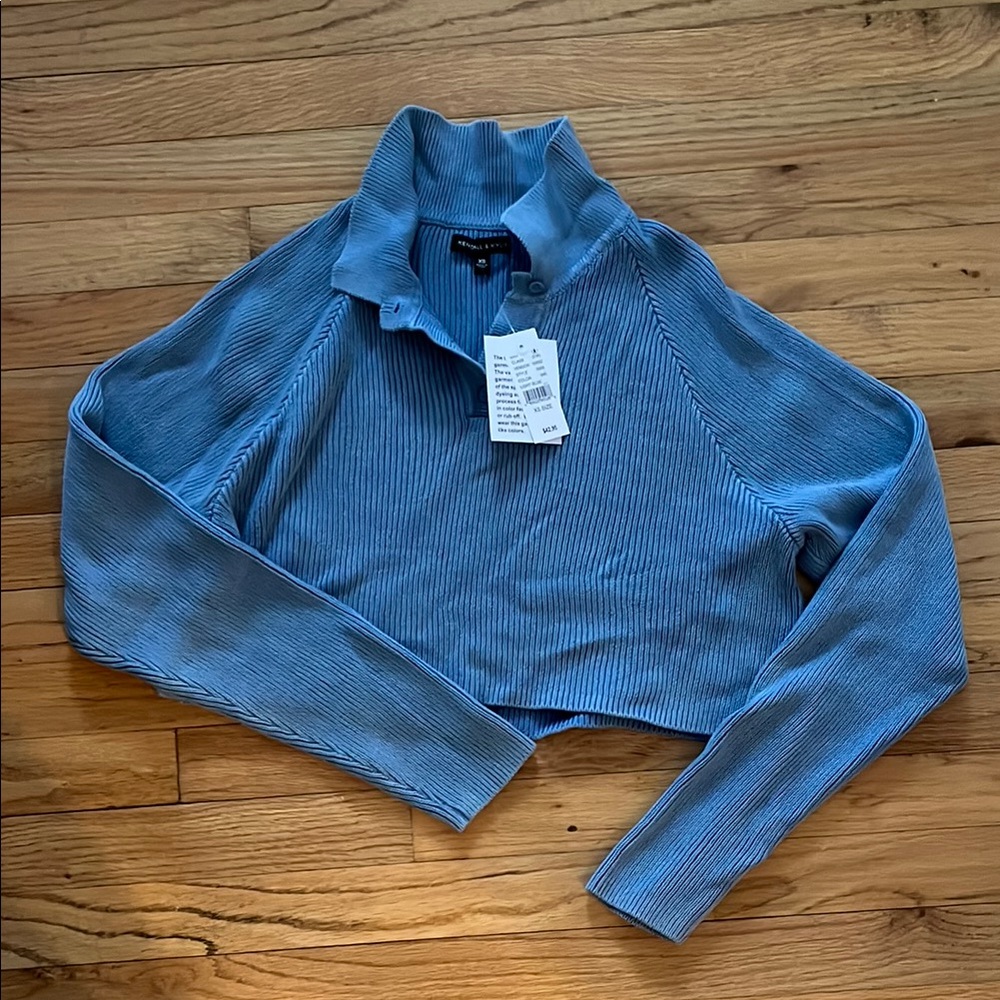 Blue Ribbed Cropped Sweater